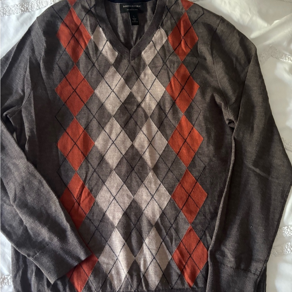 Banana Republic Men’s V-Neck Argyle Sweater - Brown and Orange